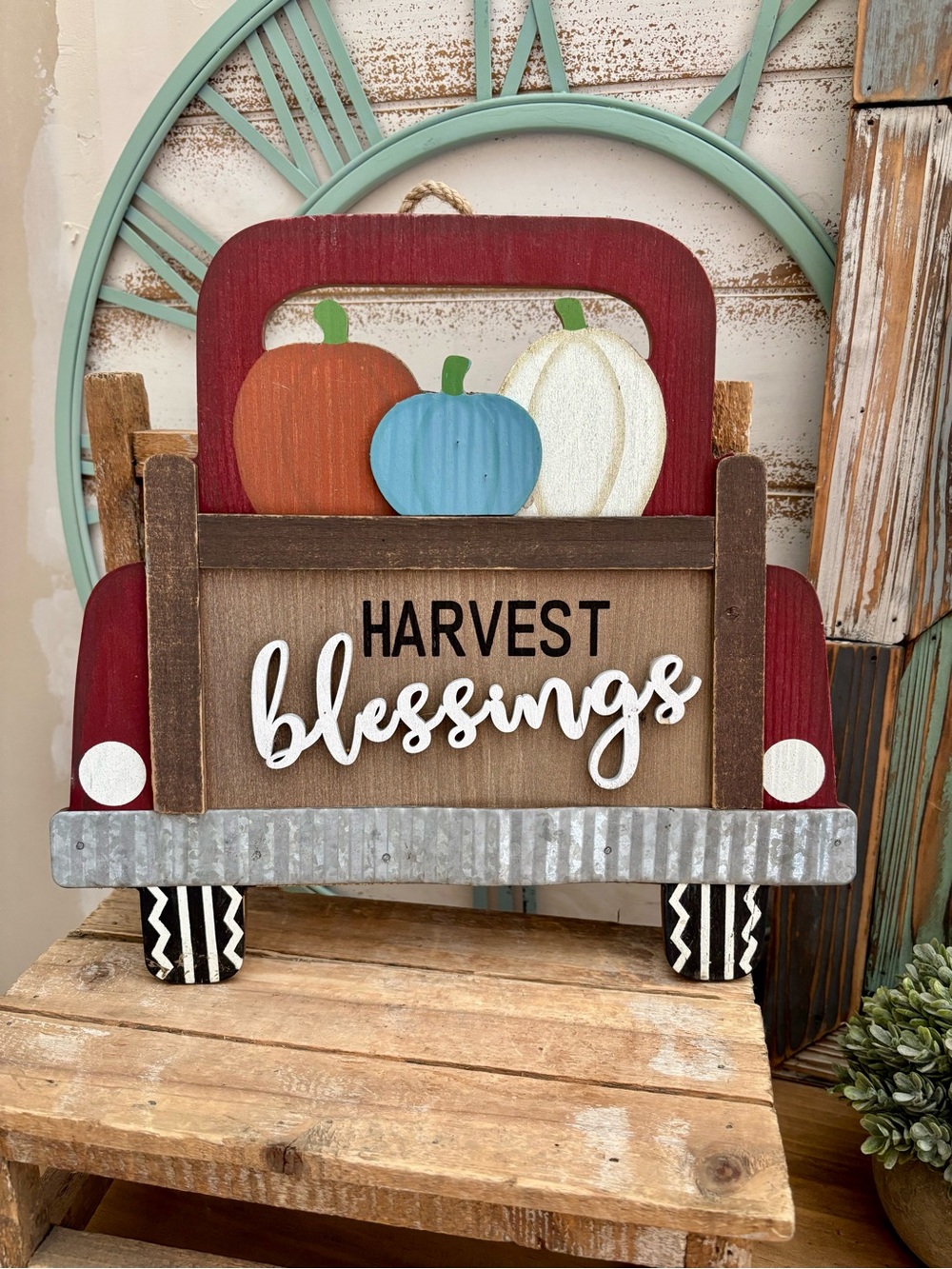 New! "Harvest Blessings" Farm Truck Hanging WoodenDecor Sign Pumpkin Autumn Fall